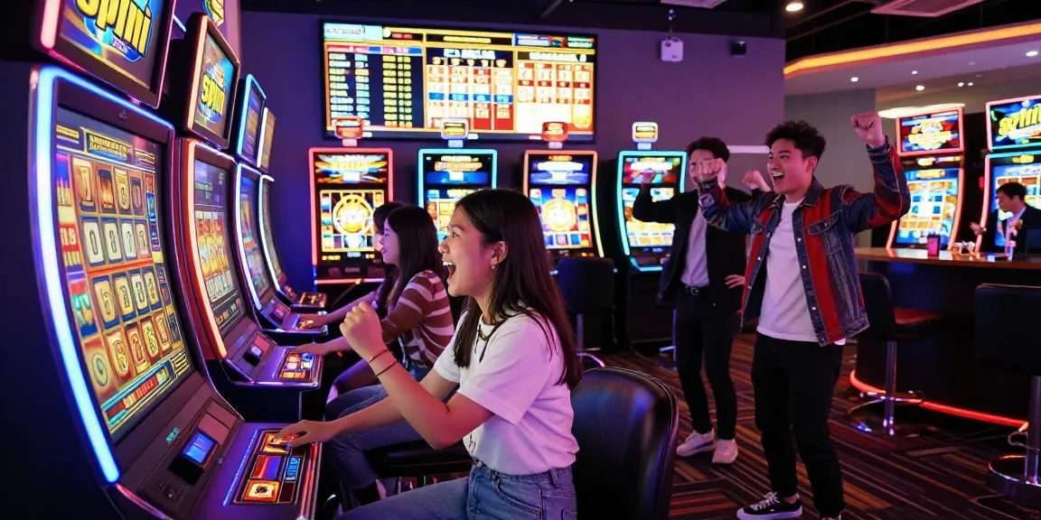 Players enjoying slot gacor games in a vibrant digital casino scene, showcasing excitement and colorful lights.