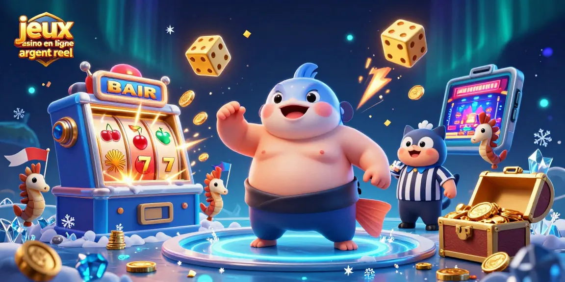 Jouez aux jeux casino en ligne argent réel avec cette illustration festive et dynamique, mettant en avant le fugu et le jackpot.