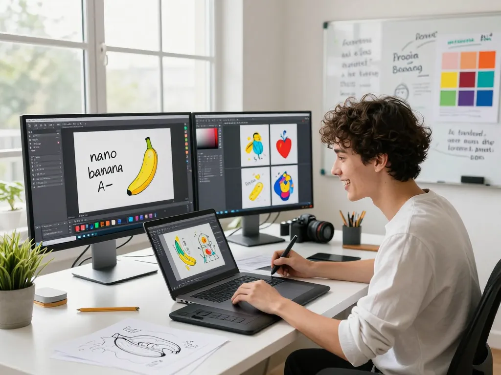 Innovative artist using the nano banana AI image editor in a vibrant creative workspace filled with colorful artwork and digital tools.