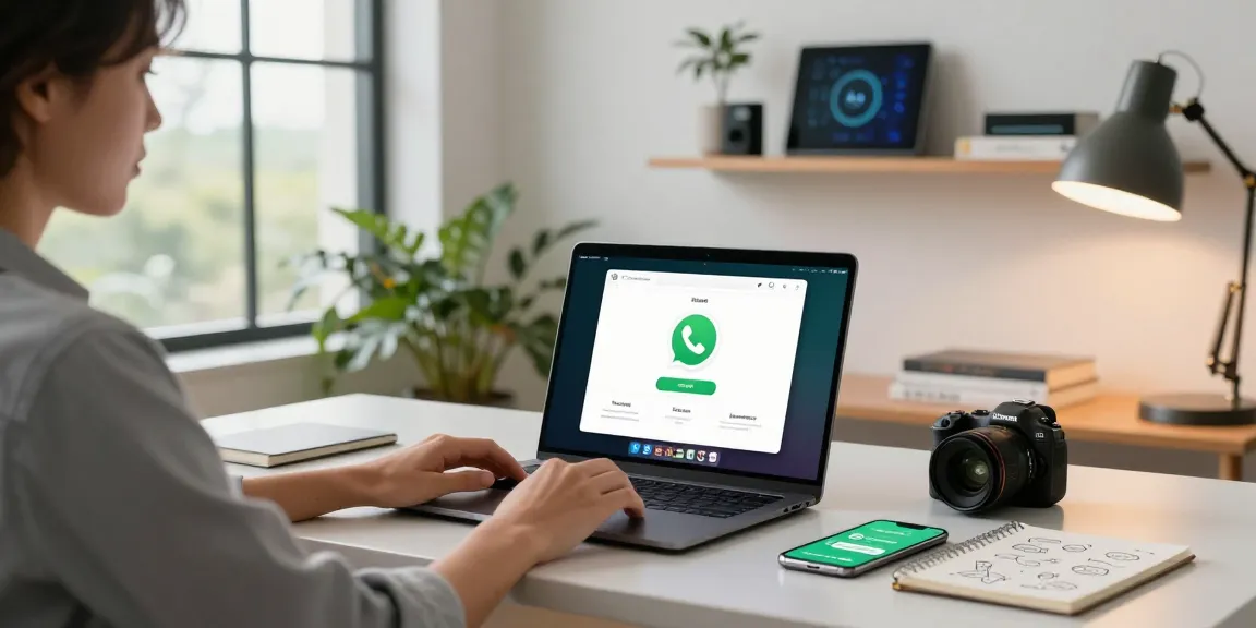 Experience WhatsApp電腦版 on a sleek workspace setup with laptop and smartphone.