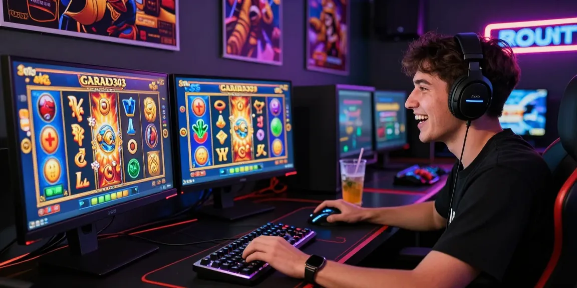 Victory at garuda303 slot: Excited player in a vibrant gaming setting spinning reels.