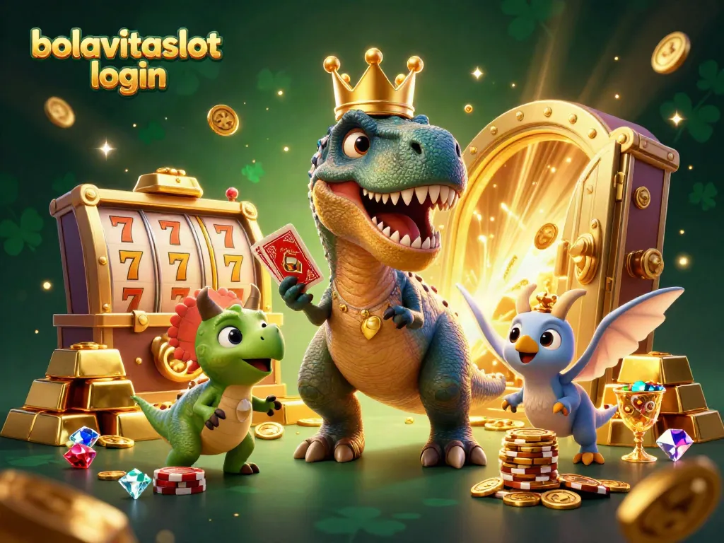 Join the fun at bolavitaslot login with a T-Rex playing cards in a vibrant casino scene.