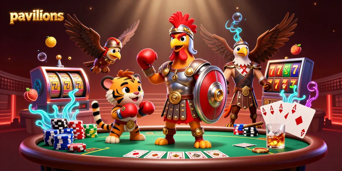 Pavilions feature lively casino scene with gladiator rooster, tiger cub, and gaming elements.