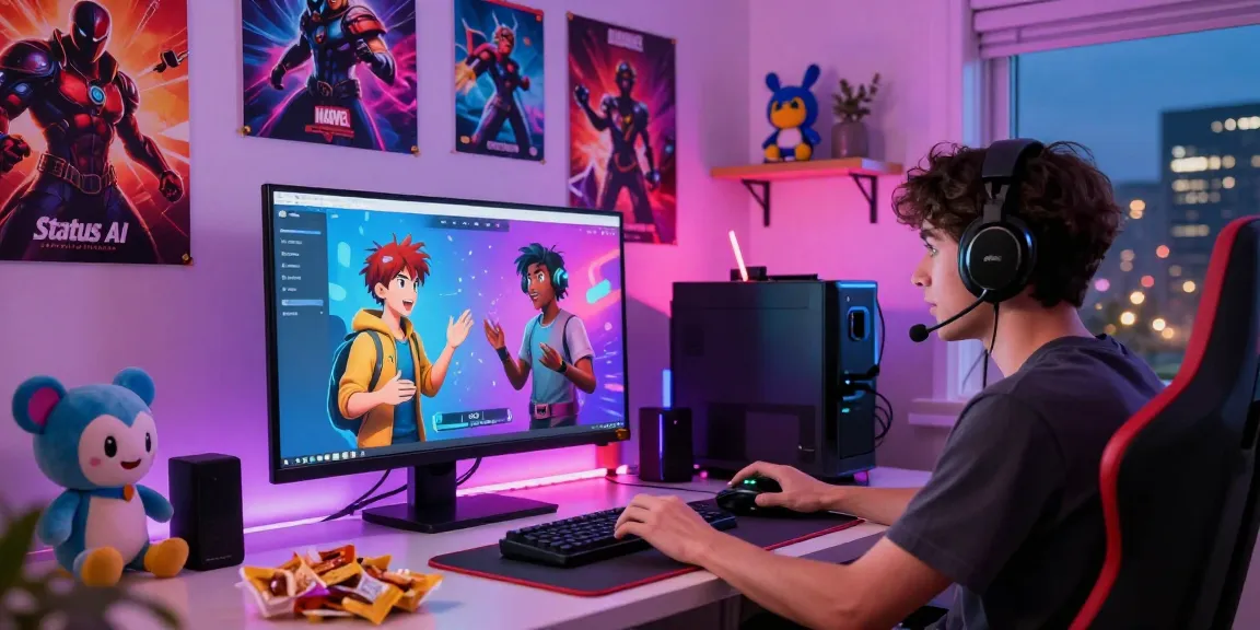 A gamer immersed in the Status game, interacting with vibrant AI characters in a colorful home setup filled with fandom memorabilia.