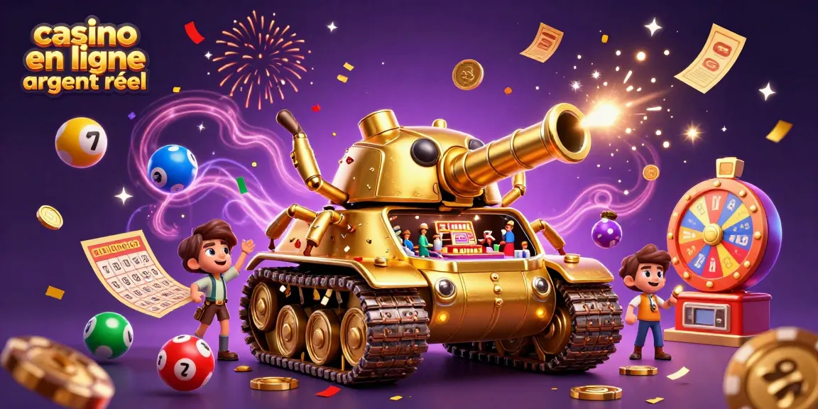 Jouez à casino en ligne argent réel avec une scène dynamique de loterie et de jeux dans un tank en or.