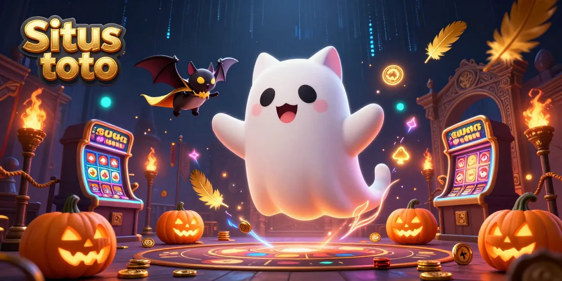 Situs toto offers thrilling casino experiences with a friendly ghost cat and golden bat in a haunted setting.
