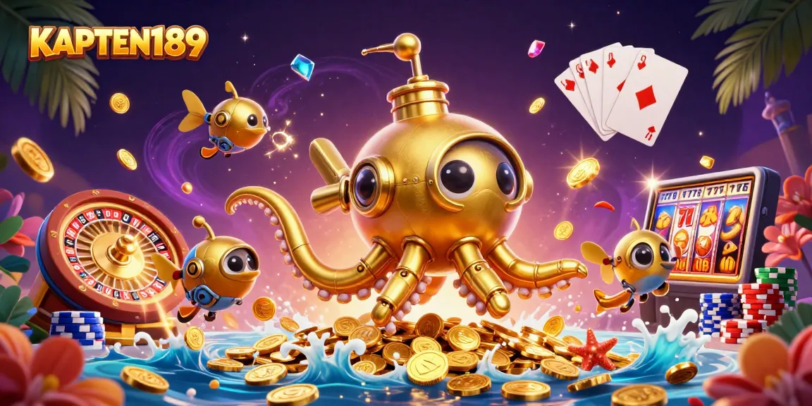 KAPTEN189 menyajikan ilustrasi unik dan dinamis dengan elemen kasino seperti gold kraken dan koin emas