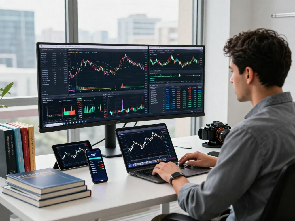 Trader using TradingView software in a modern office with multiple graphs and gadgets.