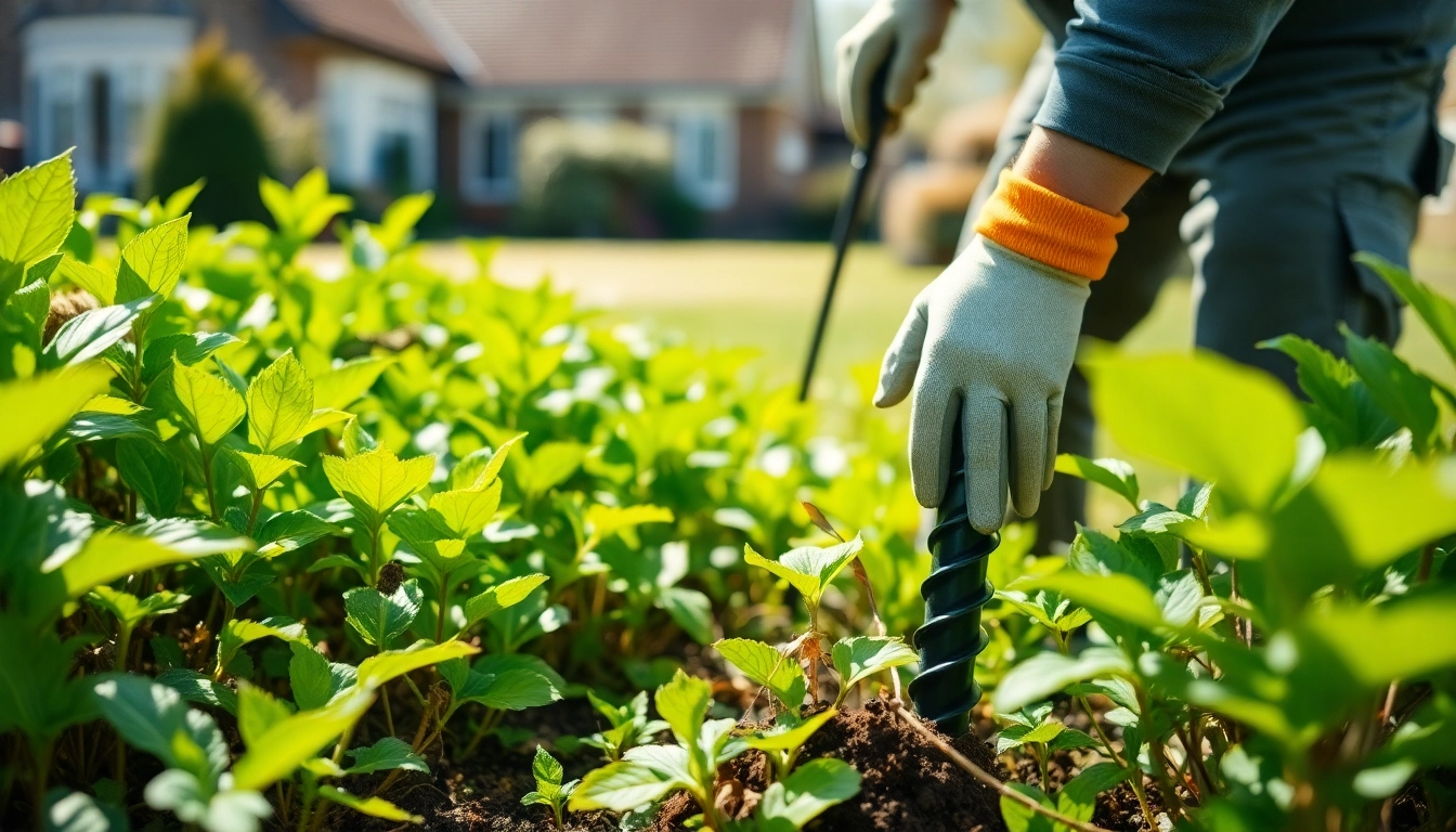 Expert performing Japanese Knotweed Removal in a residential landscape, showcasing infested foliage.