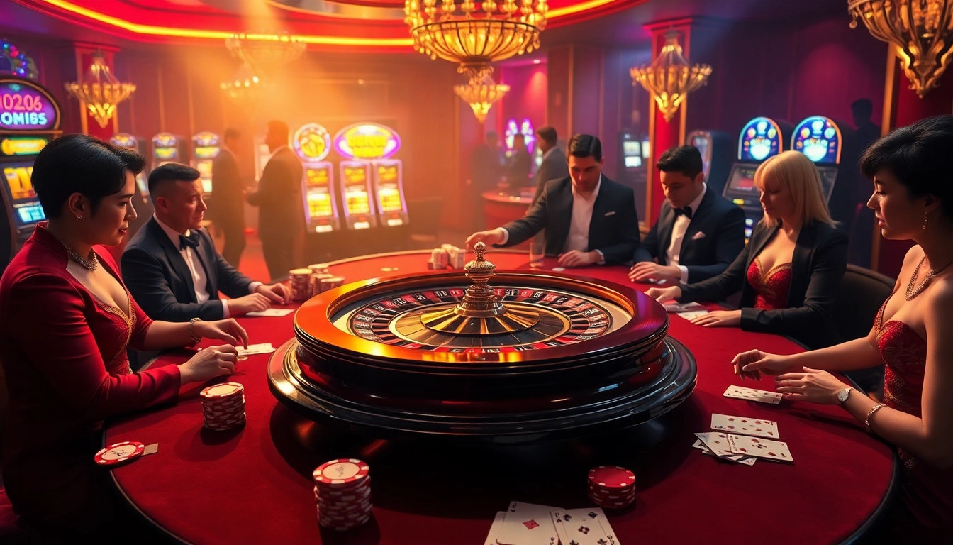 Exciting gaming scene at mm88 com's luxurious casino with roulette and poker tables.