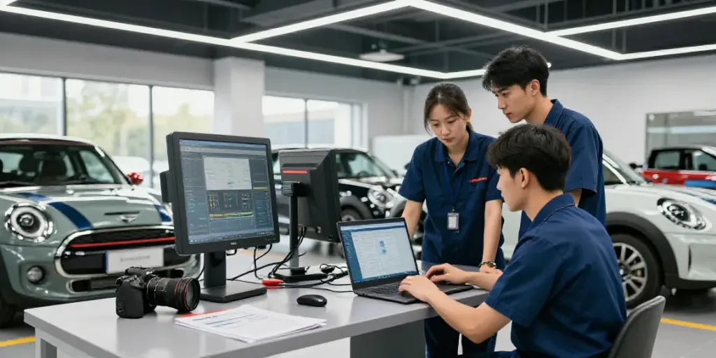 Expert technicians at a BMW werkstatt hannover diagnosing vehicles with advanced tools.
