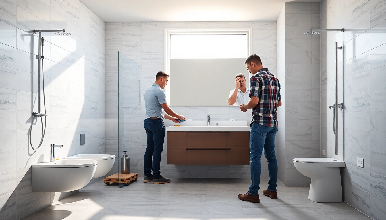 Expert bathroom builders installing modern fixtures with attention to detail.