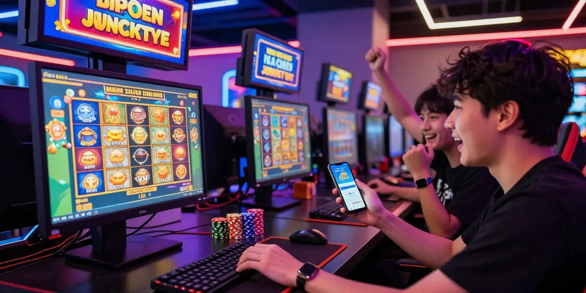 Excited players engaged with the garuda303 slot game in a modern gaming lounge.