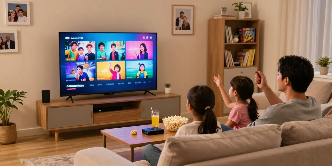 Family enjoying USA IPTV together in a cozy living room with vibrant content on screen