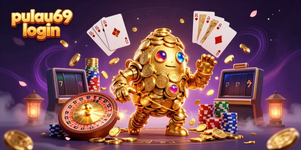 Experience the excitement of pulau69 login with a golden golem, vibrant casino elements, and dynamic gameplay.