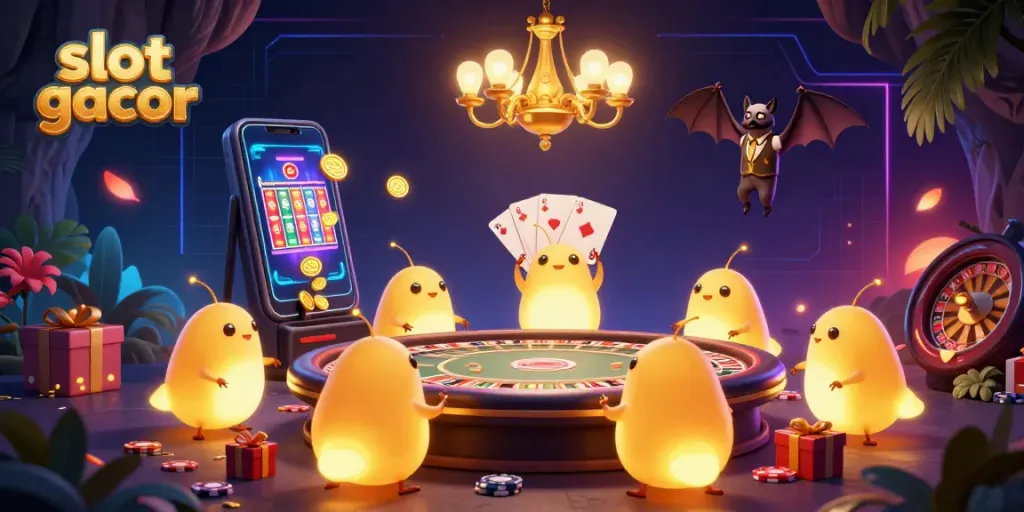 Menggandeng slot gacor dalam suasana kasino gua yang ceria, dipenuhi elemen permainan yang berkilauan.