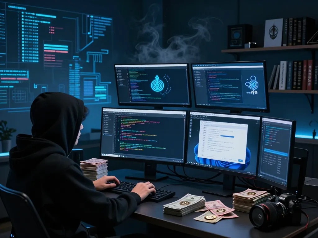 User navigating the hidden wiki on multiple monitors, depicting dark web elements and security measures in a mysterious digital landscape