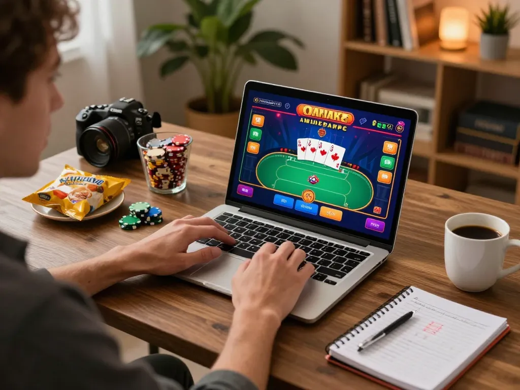 Engaged user playing online casinos in Canada reddit poker game on a laptop in a cozy home setup.