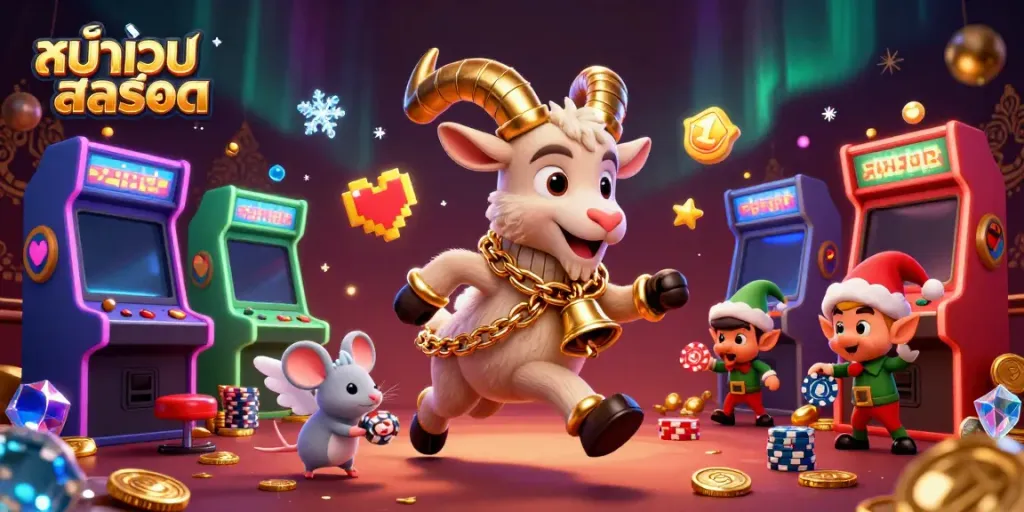 Engaging scene at the หน้าเว็บสล็อต showing Krampus, an angel mouse, and gremlins amidst vibrant casino elements.