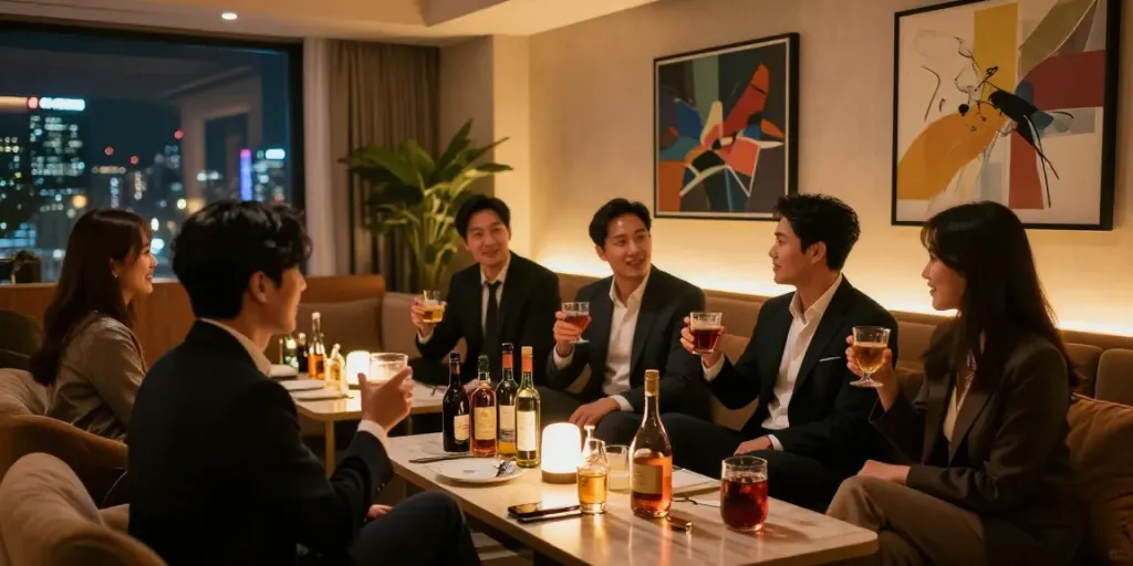 강남 구구단의 고급스러운 독립 룸에서의 활기찬 모임 장면