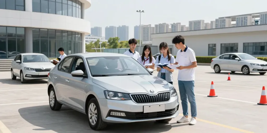 Students learning in driving school with modern vehicles in Chișinău.
