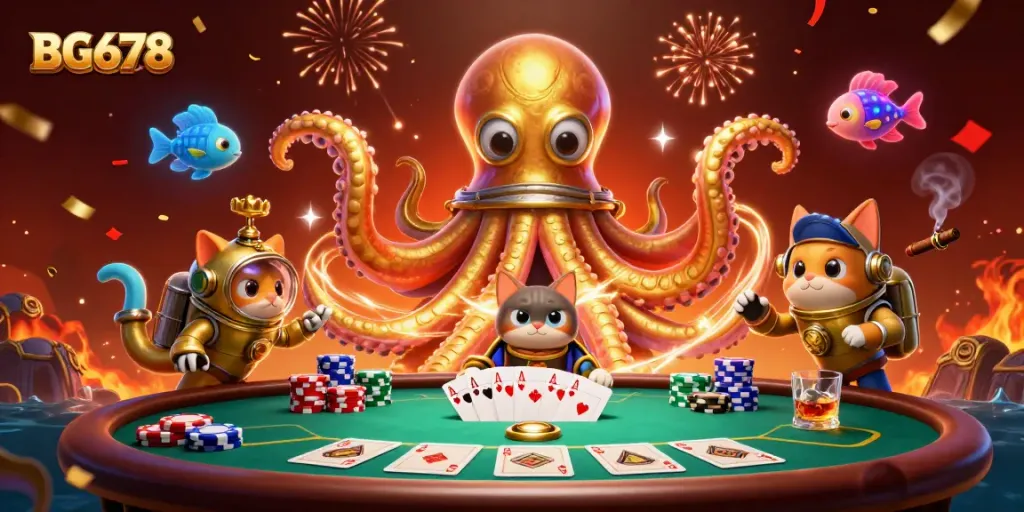 Join the excitement at BG678 with a colossal kraken, a diving cat, and vibrant casino elements.