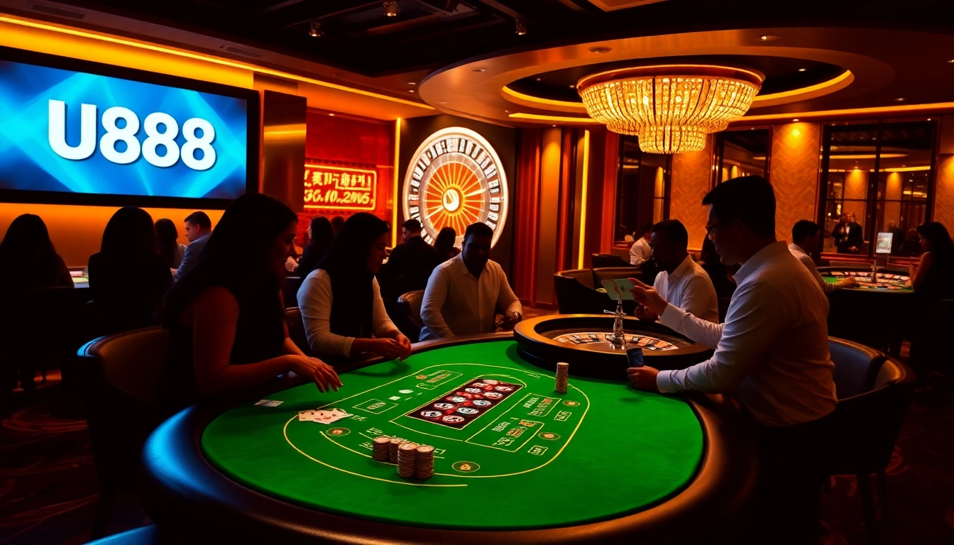 Controlled excitement at the U888 casino gaming table, with players engaged in high-stakes betting activity.