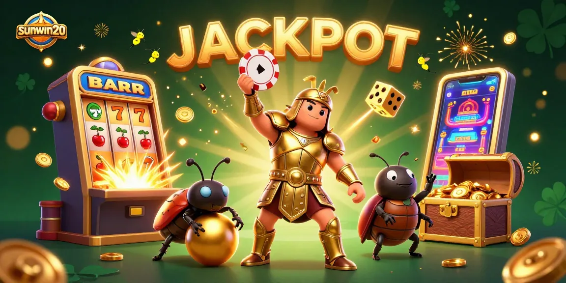 Experience sunwin20's thrilling jackpot moment with vibrant 3D casino characters and slot machine elements.