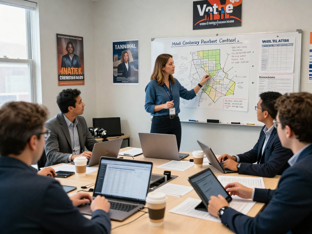 Campaign team analyzing data for targeted voter mail in modern office.