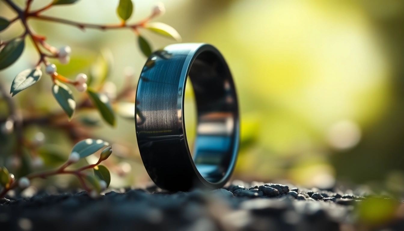 Elegant tungsten rings showcasing their shiny metallic design against a natural backdrop.