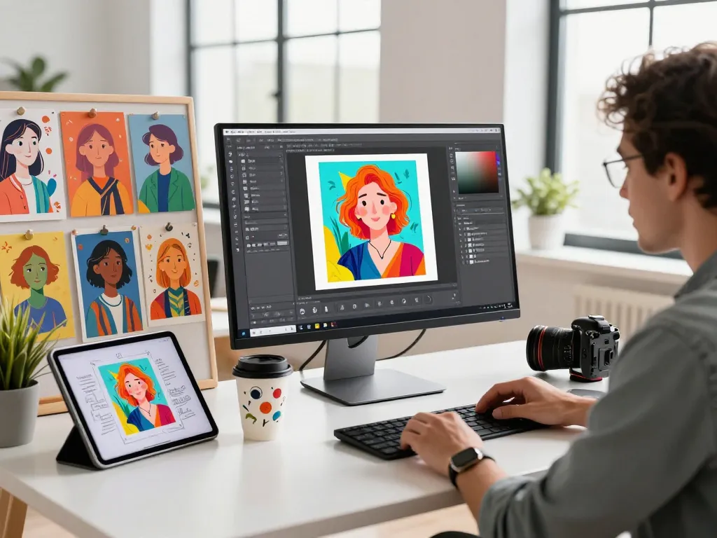 Designer using image to prompt generator in a creative workspace with vivid designs on display.