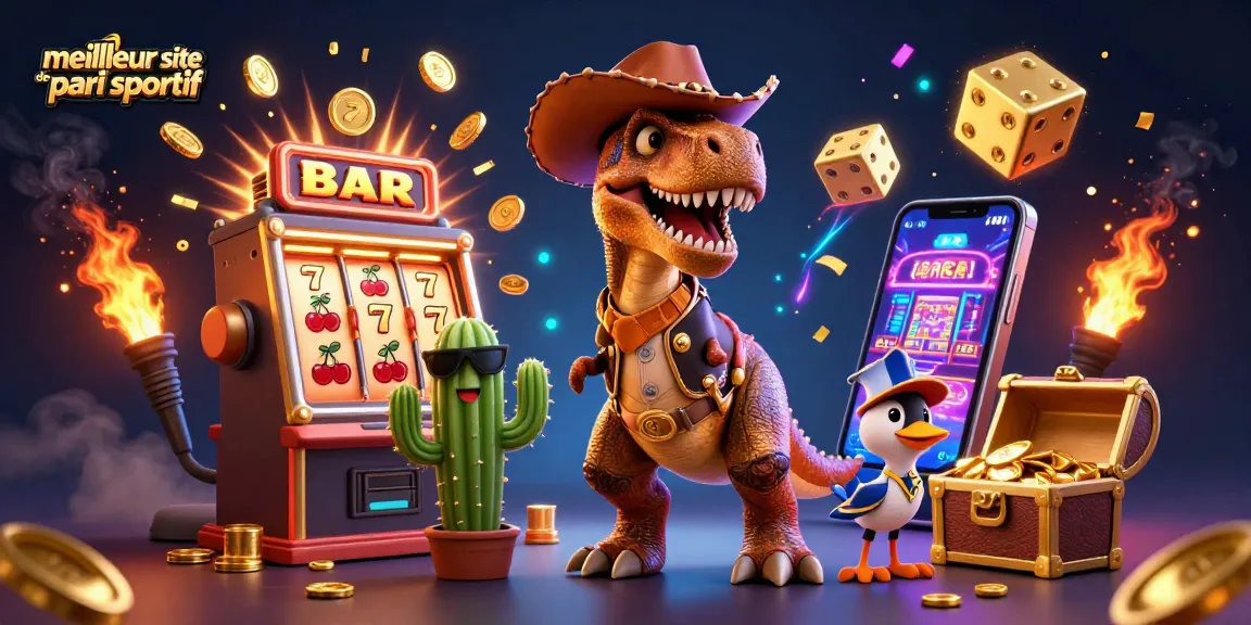 Meilleur site de pari sportif : un T-Rex cowboy animant un jackpot éclatant dans un casino coloré
