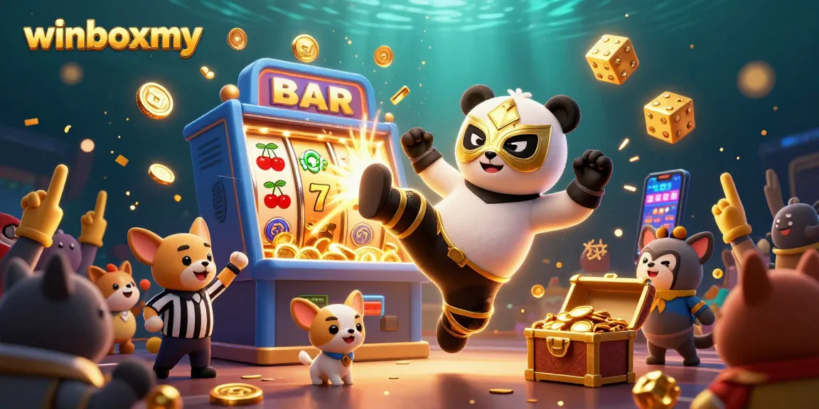 Experience excitement with winboxmy in a lively casino scene featuring a flying panda and engaging game elements.