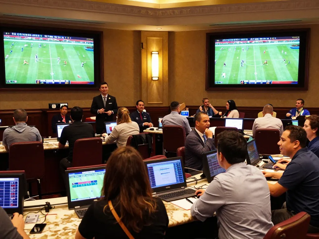 Placing bets on live 7m football matches in a vibrant casino sports betting area.