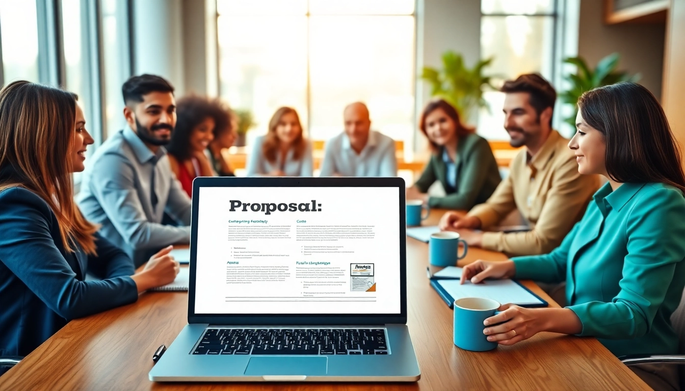 Business professionals collaborating in Proposal Writing and Management, showcasing a modern office setting.