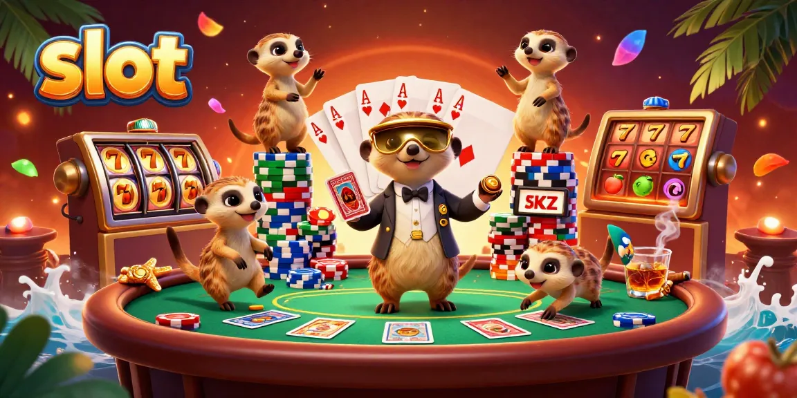Slot seru dengan koloni meerkat menjalankan kasino, dikelilingi simbol permainan.