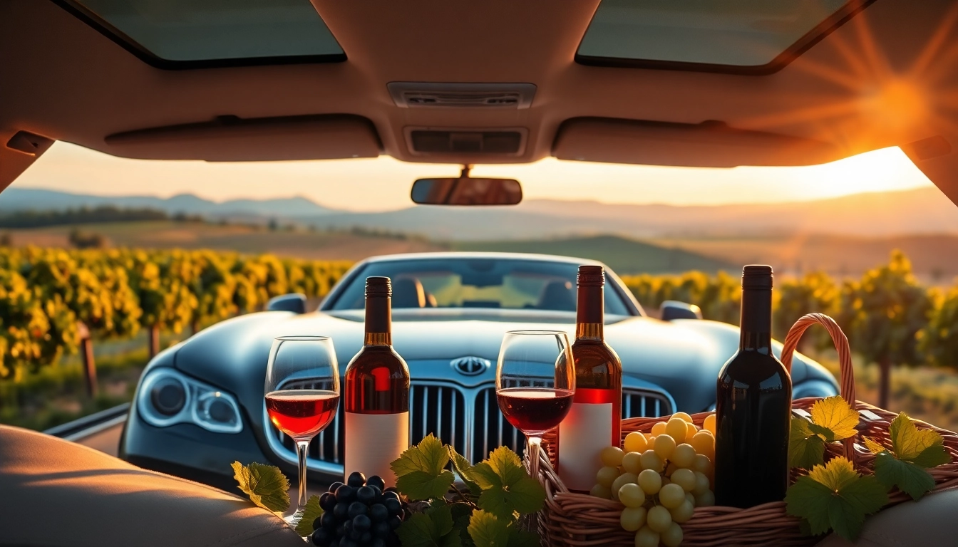 Embark on limo wine tasting tours through stunning vineyards with an elegant limo in the foreground.