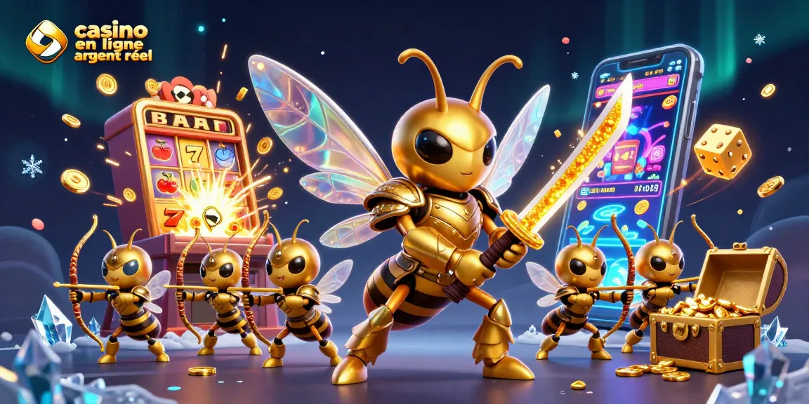 Jouez au casino en ligne argent réel avec une illustration captivante d'un hornet en armure samouraï, des machines à sous et des trésors.
