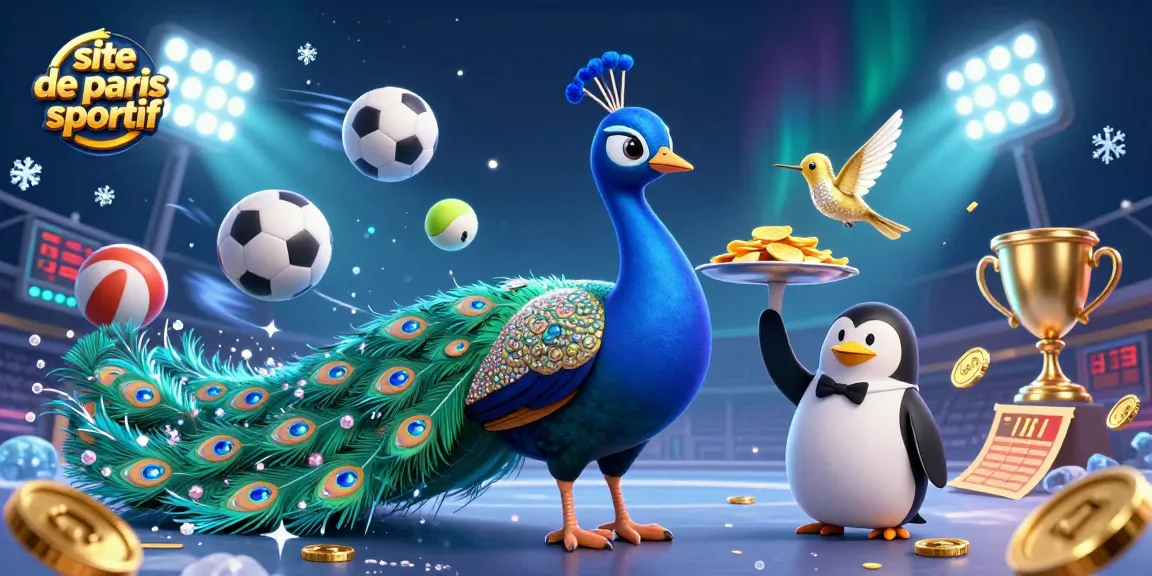 Pariez sur un site de paris sportif avec un paon aristocratique, un pingouin majordome, et un colibri, le tout entouré d'éléments sportifs.