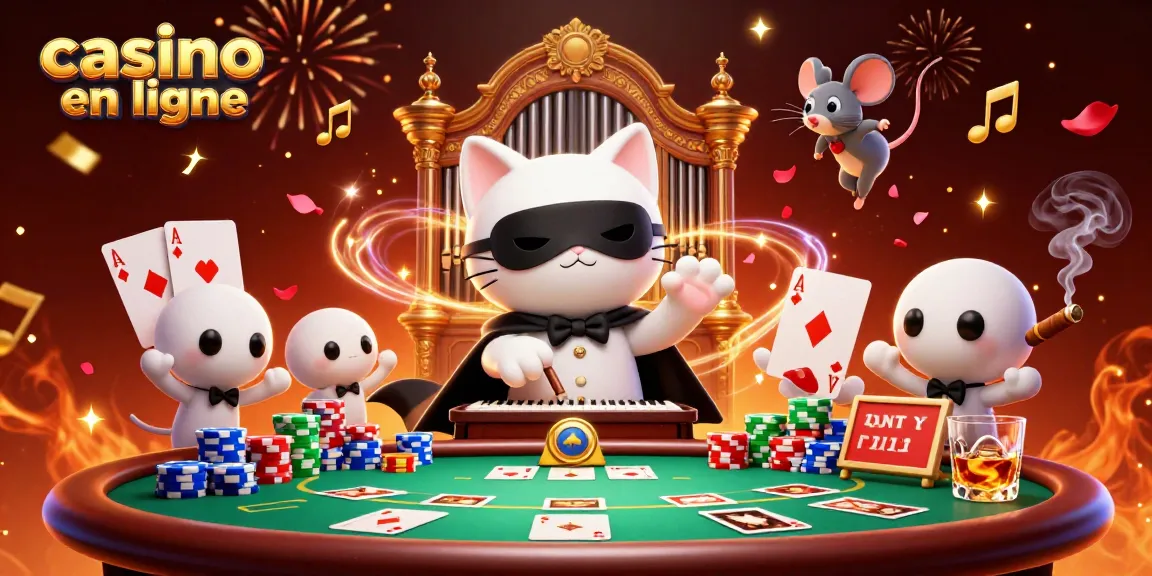 Jouez à des jeux captivants dans un casino en ligne avec un chat masqué et des éléments de poker colorés.
