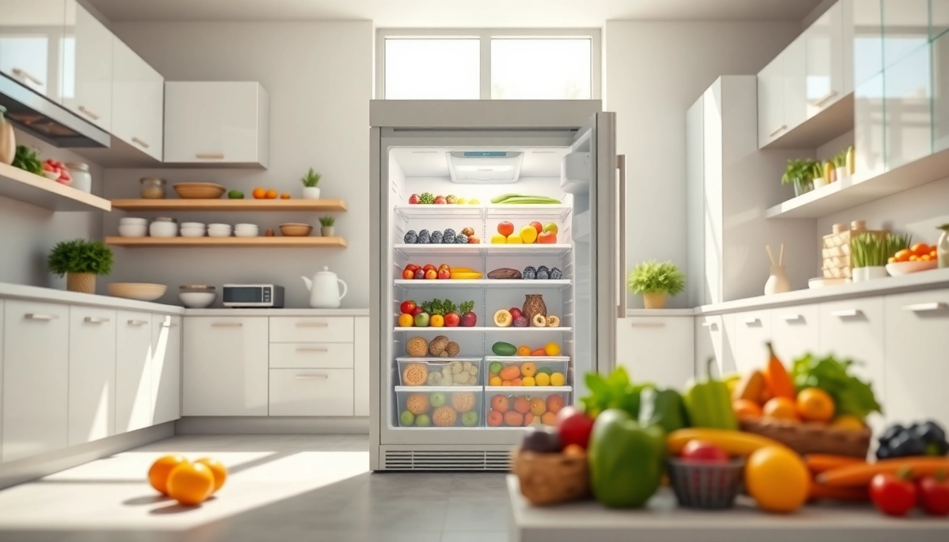 Freezer showcasing vibrant frozen fruits and vegetables in a bright modern kitchen.