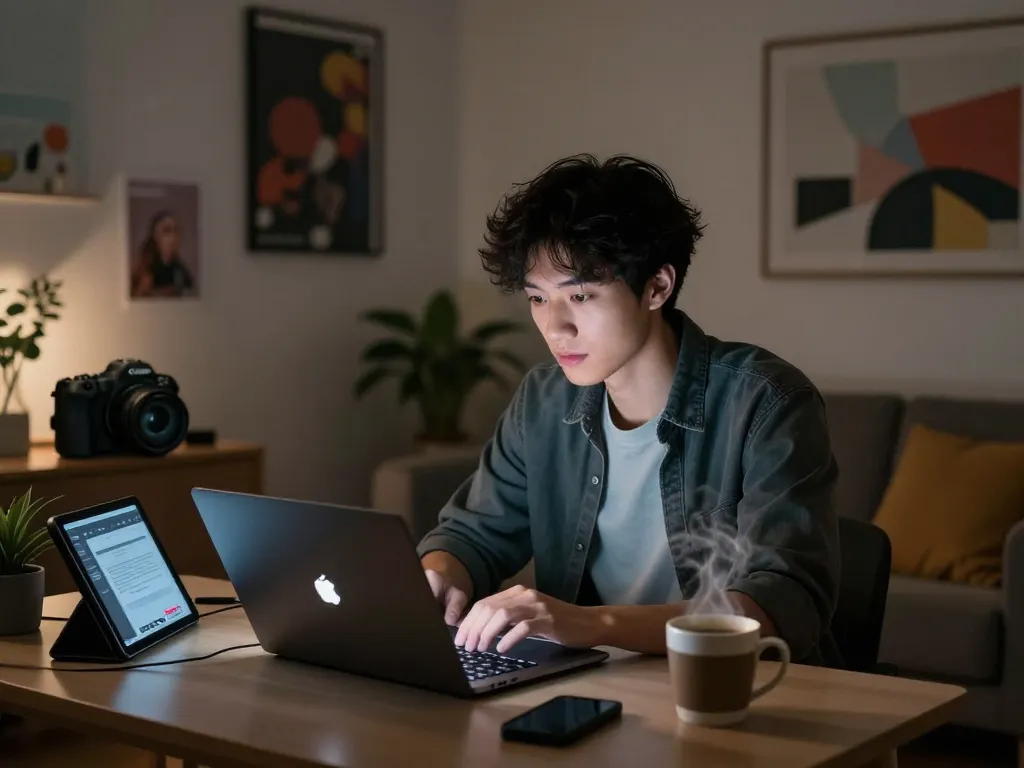 Engaged young adult enjoying an NSFW AI chat in a cozy urban apartment setting, showcasing tech gadgets and warm ambiance.