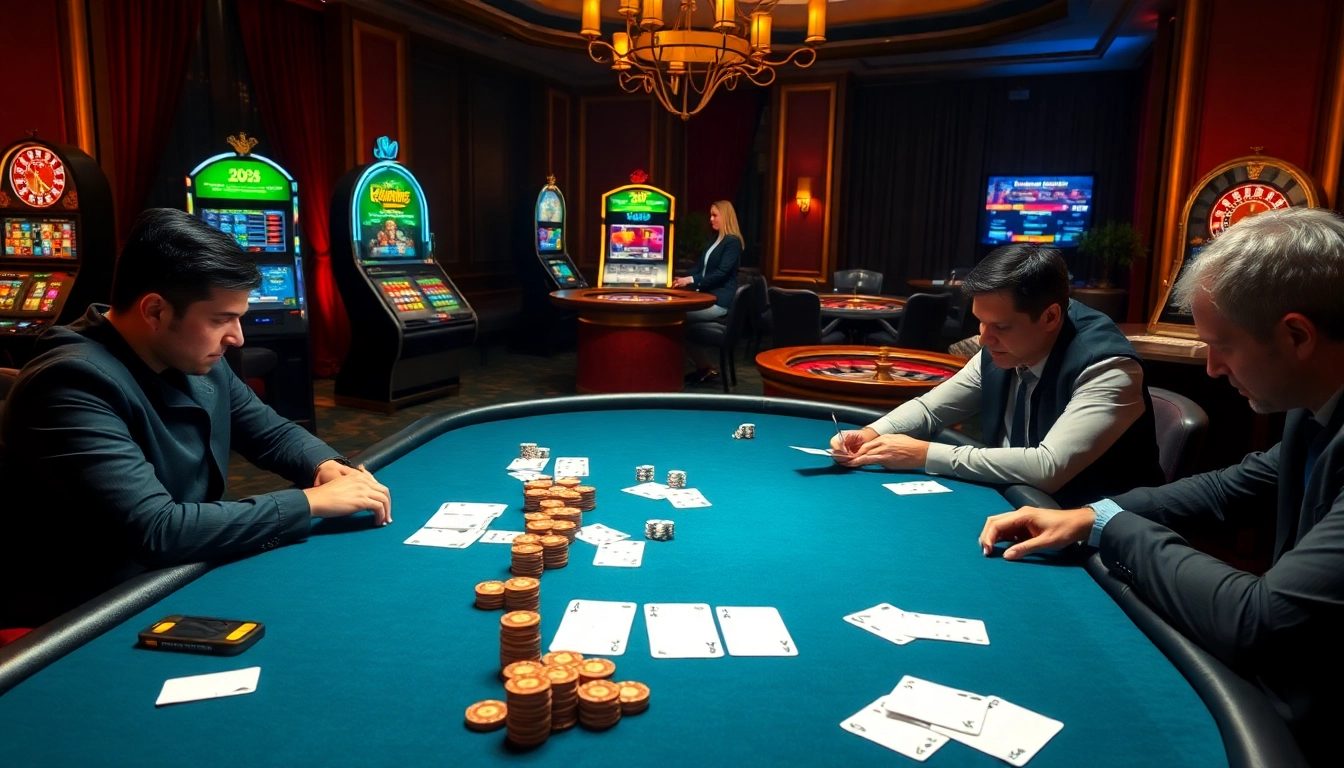 Découvrez l'action palpitante dans les casinos en ligne Français 2026 avec des joueurs à une table de poker luxueuse.