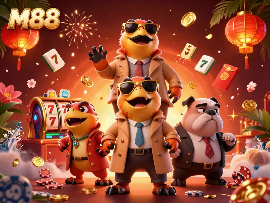 Three raptors in a trench coat trying to enter a VIP casino lounge, embodying M88 excitement.