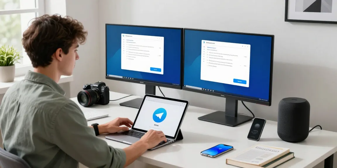 Download telegram中文版下载 in a modern tech workspace with dual monitors and tablets.