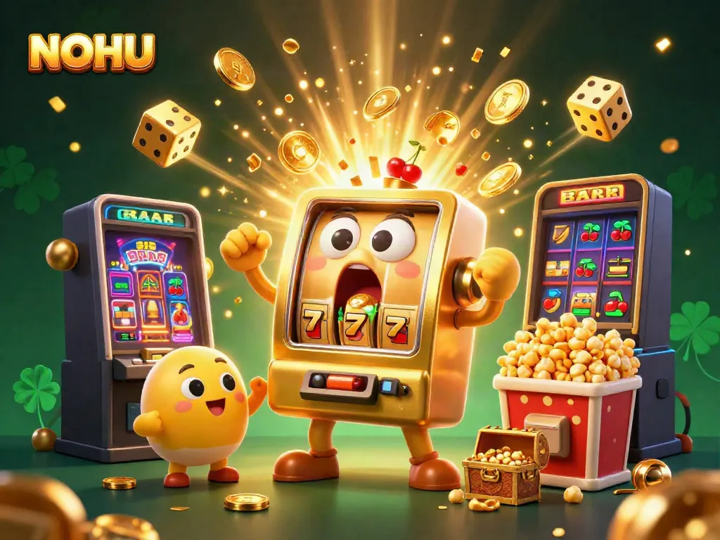 NOHU's golden slot machine celebrates a jackpot with coins and cheering baby machines, showcasing a vibrant casino scene.