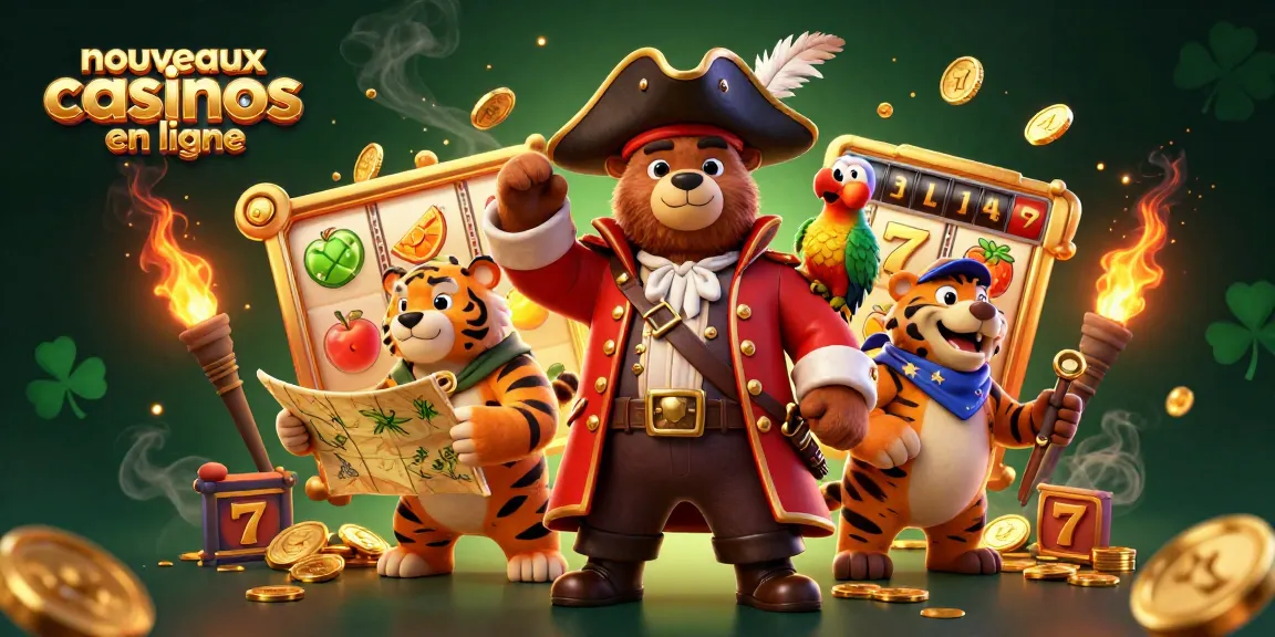 Admirez l'illustration 3D des nouveaux casinos en ligne avec un ours capitaine, un tigre et des éléments de jeu.