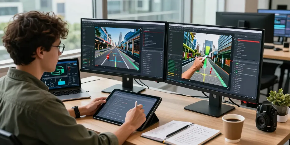 AI image detector results displayed on dual monitors in a modern tech workspace with a data analyst.
