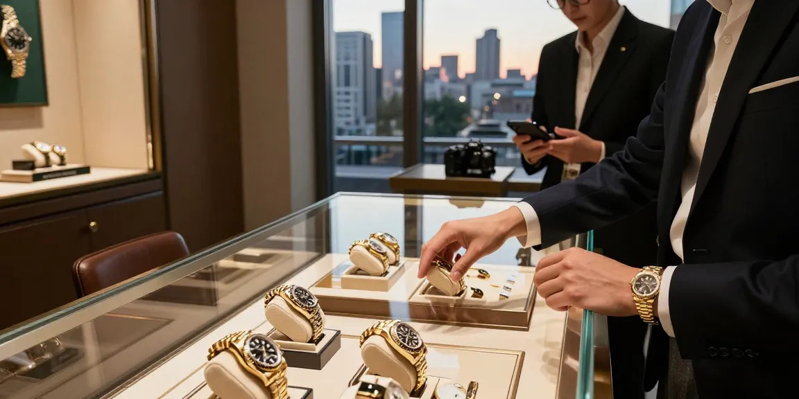 Exploring exquisite Rolex replicas in an upscale watch store, showcasing luxury and craftsmanship.