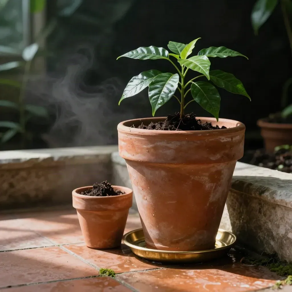 Terracotta planter with young plant, starter pot, brass tray and stone risers in greenhouse mist.